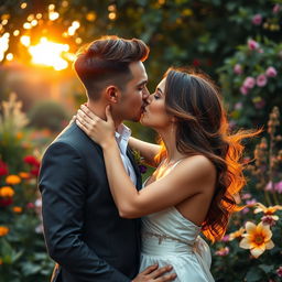 A romantic scene featuring two adults passionately kissing each other in a beautiful, lush garden full of colorful flowers and greenery