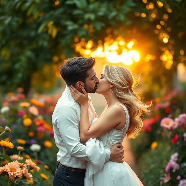 A romantic scene featuring two adults passionately kissing each other in a beautiful, lush garden full of colorful flowers and greenery