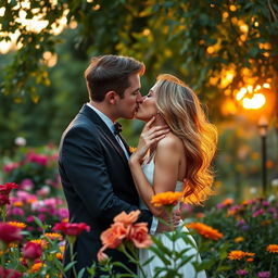 A romantic scene featuring two adults passionately kissing each other in a beautiful, lush garden full of colorful flowers and greenery