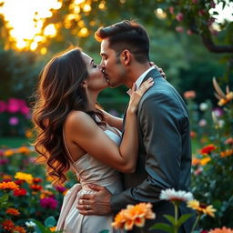 A romantic scene featuring two adults passionately kissing each other in a beautiful, lush garden full of colorful flowers and greenery