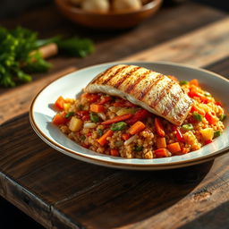 A realistic plate of quinoa cooked with vibrant vegetables such as carrots, cabbage, and colorful peppers, all mixed together and complemented with a rich tomato sauce