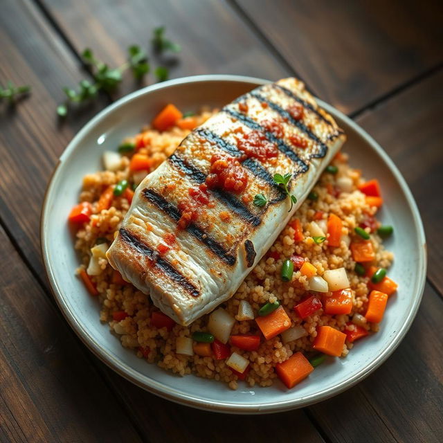 A realistic plate of quinoa cooked with vibrant vegetables such as carrots, cabbage, and colorful peppers, all mixed together and complemented with a rich tomato sauce