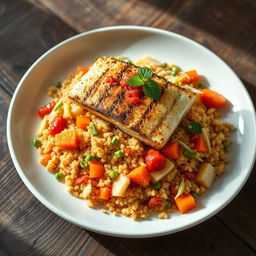 A realistic plate of quinoa cooked with vibrant vegetables such as carrots, cabbage, and colorful peppers, all mixed together and complemented with a rich tomato sauce