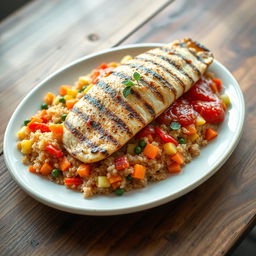 A realistic plate of quinoa cooked with vibrant vegetables such as carrots, cabbage, and colorful peppers, all mixed together and complemented with a rich tomato sauce