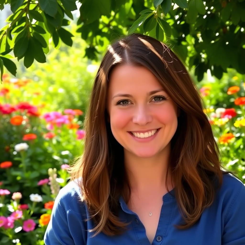 A portrait of a smiling person with medium-length brown hair, wearing a casual blue shirt, set against a lush, vibrant garden background filled with colorful flowers and greenery