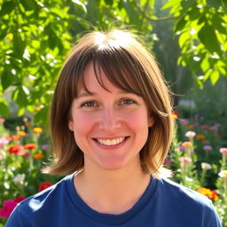 A portrait of a smiling person with medium-length brown hair, wearing a casual blue shirt, set against a lush, vibrant garden background filled with colorful flowers and greenery