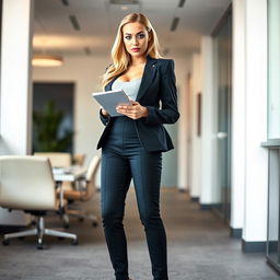 A full-length photographic image of a captivating 18-year-old woman with a sweet, thin face and gorgeous blond hair