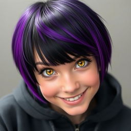 A girl with short hair, featuring black at the roots that transitions to vibrant purple at the tips