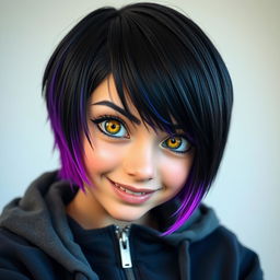 A girl with short hair, featuring black at the roots that transitions to vibrant purple at the tips