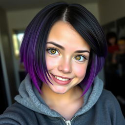 A girl with short hair, featuring black at the roots that transitions to vibrant purple at the tips