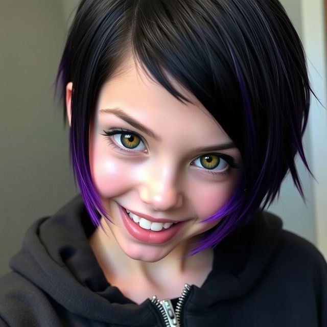 A girl with short hair, featuring black at the roots that transitions to vibrant purple at the tips