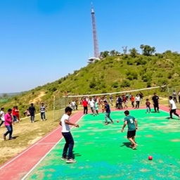 A vibrant and lively playground located 100 meters down from a hill, featuring a variety of games such as cricket, volleyball, and football
