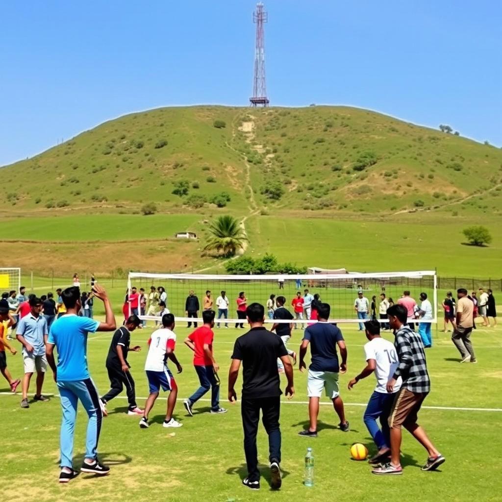 A vibrant and lively playground located 100 meters down from a hill, featuring a variety of games such as cricket, volleyball, and football