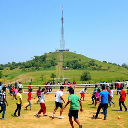 A vibrant and lively playground located 100 meters down from a hill, featuring a variety of games such as cricket, volleyball, and football