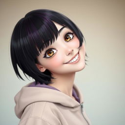 A girl wearing a short, zippered hoodie, with short hair that is black with purple tips