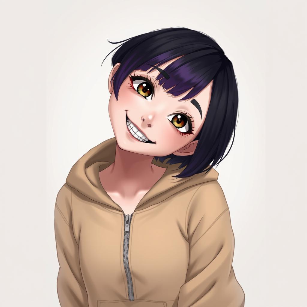 A girl wearing a short, zippered hoodie, with short hair that is black with purple tips