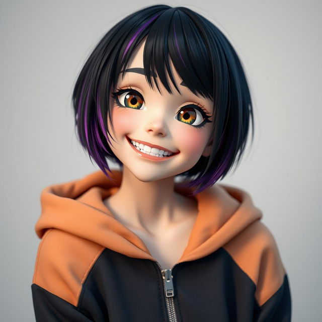 A girl wearing a short, zippered hoodie, with short hair that is black with purple tips