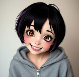 A girl wearing a short, zippered hoodie, with short hair that is black with purple tips