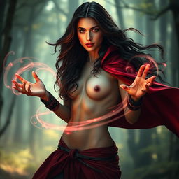A fantasy scene featuring a stunning Scarlet Witch, portrayed as a mystical character with long, flowing dark hair, standing confidently with a powerful pose