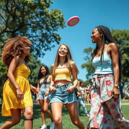 A lively scene of a group of teenage girls enjoying a sunny day at the park, laughing and playing frisbee
