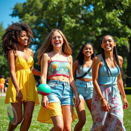 A lively scene of a group of teenage girls enjoying a sunny day at the park, laughing and playing frisbee