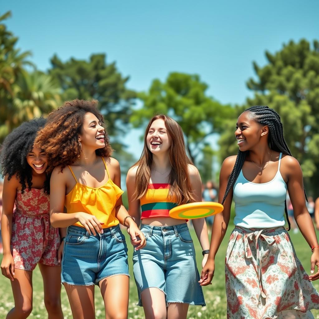 A lively scene of a group of teenage girls enjoying a sunny day at the park, laughing and playing frisbee