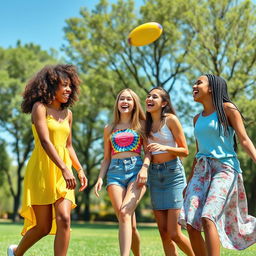 A lively scene of a group of teenage girls enjoying a sunny day at the park, laughing and playing frisbee