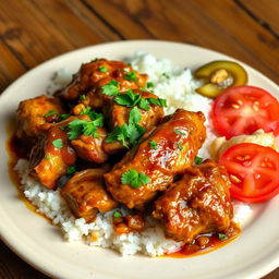 A vibrant plate of Yassa Chicken, featuring beautifully marinated chicken pieces that are golden-brown, glazed with a rich, tangy onion sauce