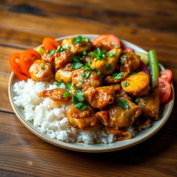 A vibrant plate of Yassa Chicken, featuring beautifully marinated chicken pieces that are golden-brown, glazed with a rich, tangy onion sauce