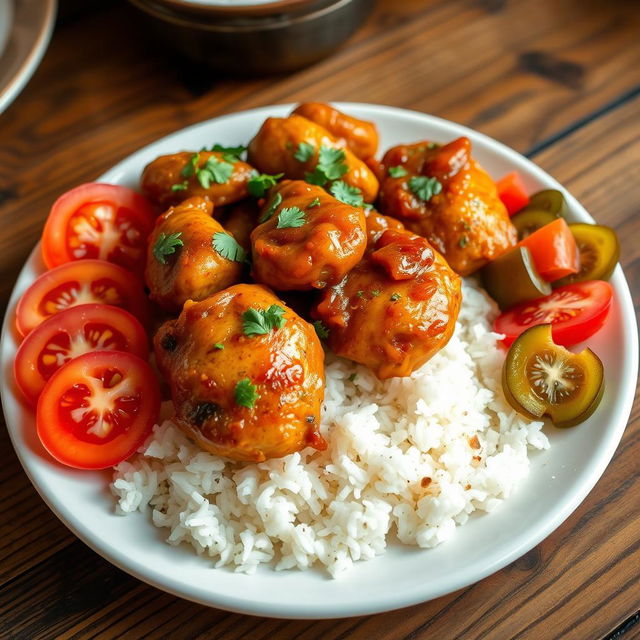 A vibrant plate of Yassa Chicken, featuring beautifully marinated chicken pieces that are golden-brown, glazed with a rich, tangy onion sauce