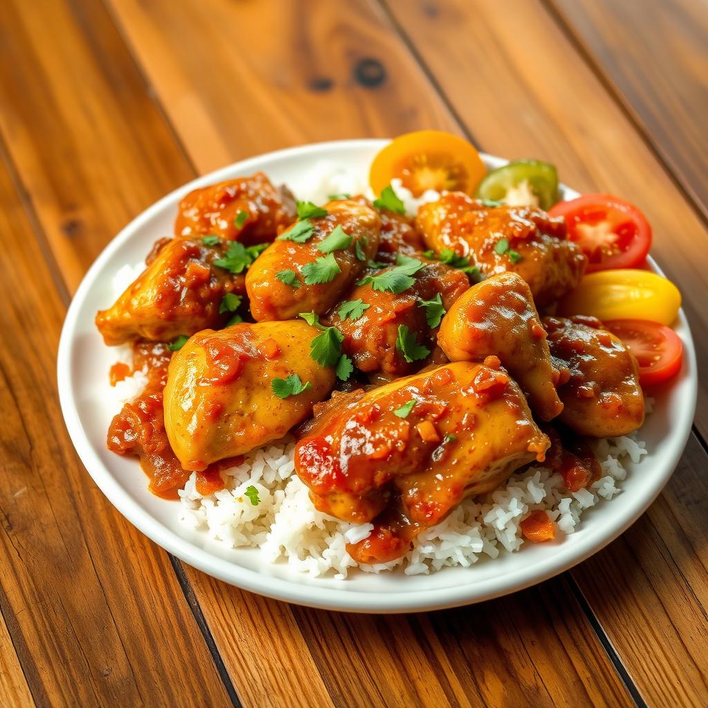 A vibrant plate of Yassa Chicken, featuring beautifully marinated chicken pieces that are golden-brown, glazed with a rich, tangy onion sauce