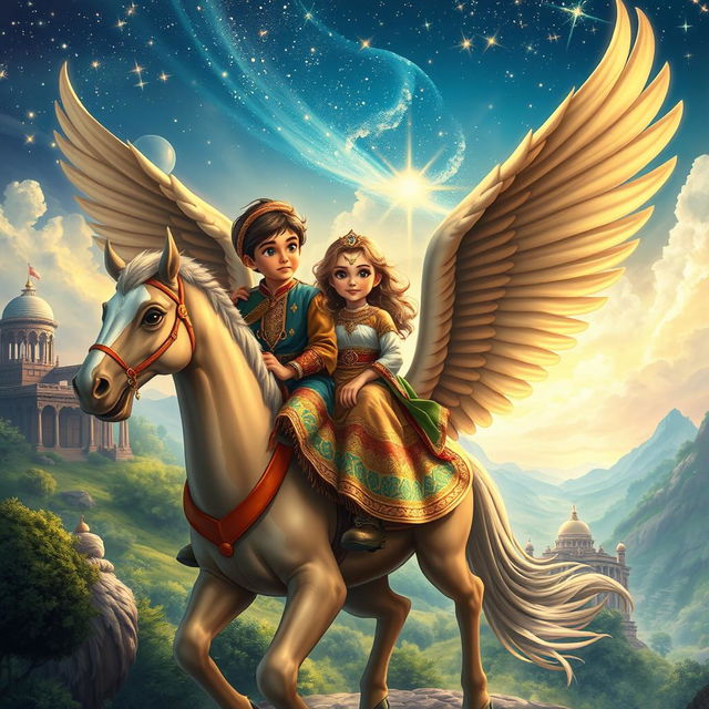 An enchanting depiction of two Iranian boys and one girl from 1500 years ago, sitting together on a majestic winged horse