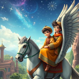 An enchanting depiction of two Iranian boys and one girl from 1500 years ago, sitting together on a majestic winged horse