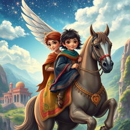 An enchanting depiction of two Iranian boys and one girl from 1500 years ago, sitting together on a majestic winged horse