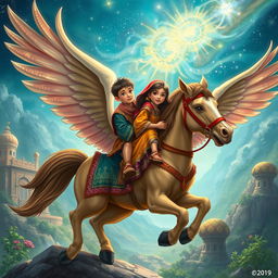 An enchanting depiction of two Iranian boys and one girl from 1500 years ago, sitting together on a majestic winged horse
