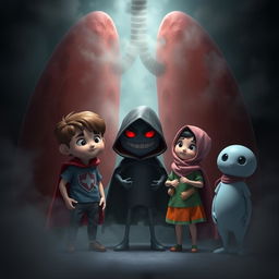 A 3D animated image depicting a dark and mysterious scene inside a body resembling lungs