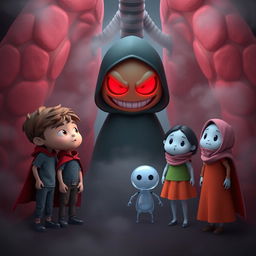 A 3D animated image depicting a dark and mysterious scene inside a body resembling lungs