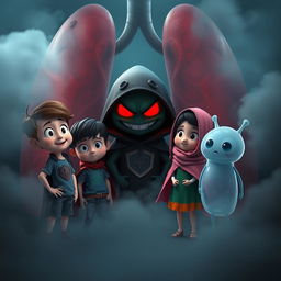 A 3D animated image depicting a dark and mysterious scene inside a body resembling lungs
