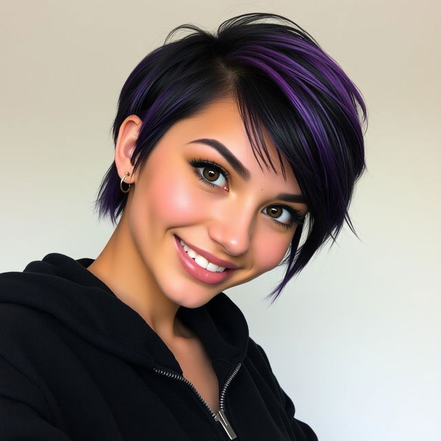 A young woman with a short, zippered black hoodie and short hair that has black roots fading into vibrant purple tips