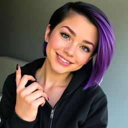 A young woman with a short, zippered black hoodie and short hair that has black roots fading into vibrant purple tips
