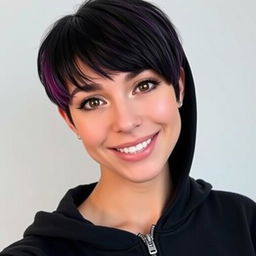 A young woman with a short, zippered black hoodie and short hair that has black roots fading into vibrant purple tips