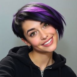 A young woman with a short, zippered black hoodie and short hair that has black roots fading into vibrant purple tips
