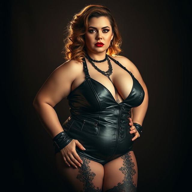 A confident fat woman adorned in stylish BDSM attire, featuring leather elements and intricate details