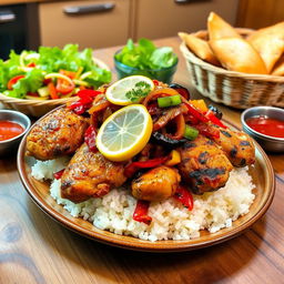 A delicious plate of Yassa Chicken, featuring marinated chicken thighs grilled to perfection, garnished with a vibrant mix of caramelized onions, spicy peppers, and a squeeze of fresh lemon juice