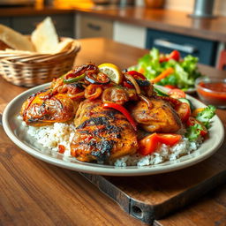 A delicious plate of Yassa Chicken, featuring marinated chicken thighs grilled to perfection, garnished with a vibrant mix of caramelized onions, spicy peppers, and a squeeze of fresh lemon juice