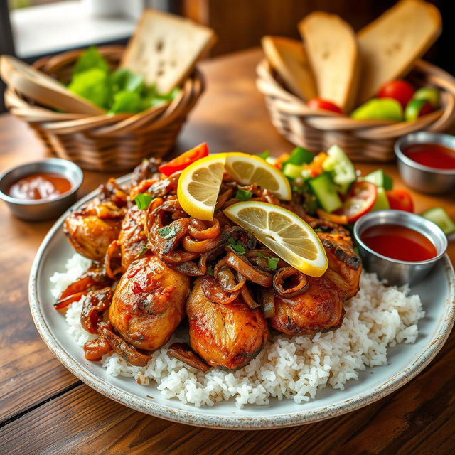 A delicious plate of Yassa Chicken, featuring marinated chicken thighs grilled to perfection, garnished with a vibrant mix of caramelized onions, spicy peppers, and a squeeze of fresh lemon juice