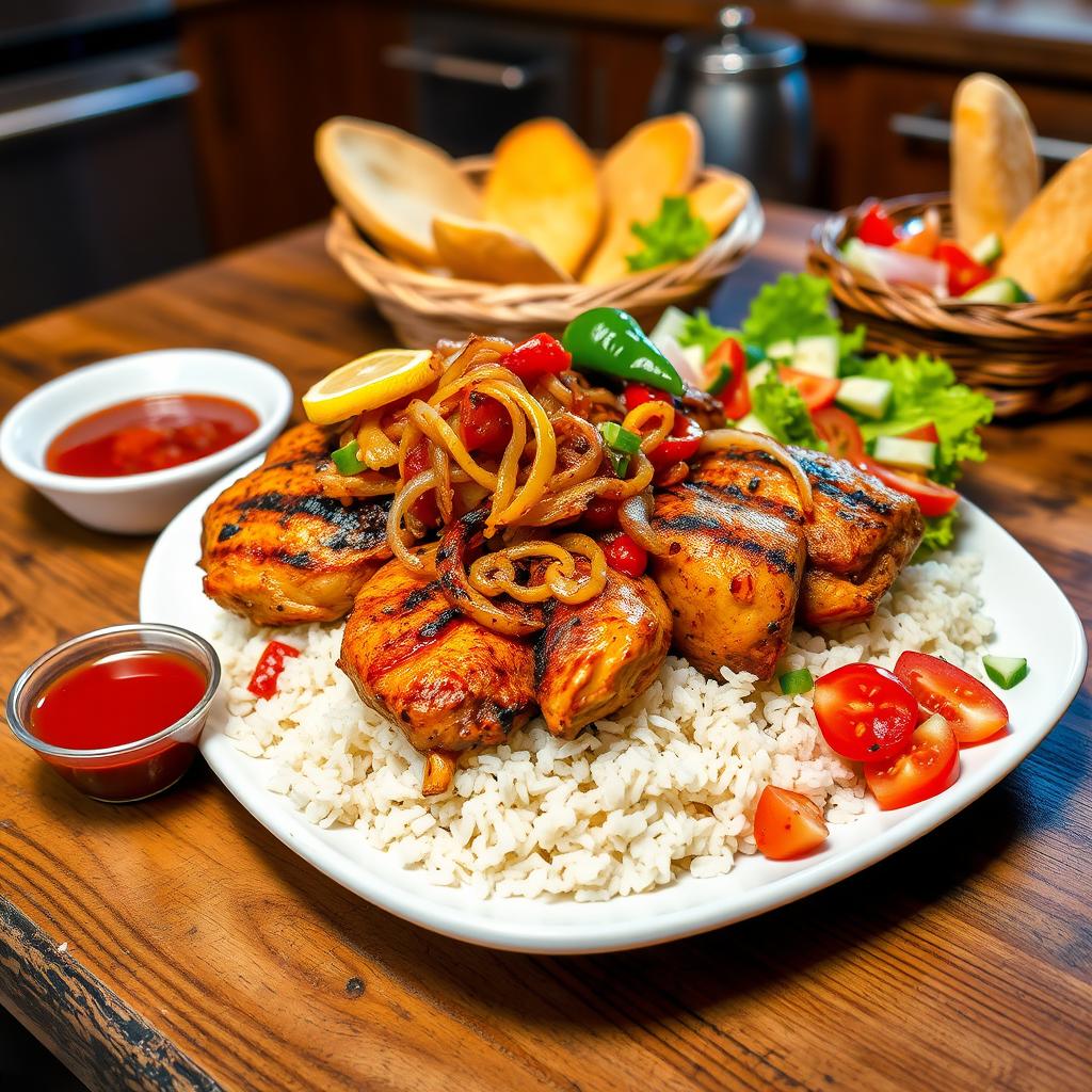 A delicious plate of Yassa Chicken, featuring marinated chicken thighs grilled to perfection, garnished with a vibrant mix of caramelized onions, spicy peppers, and a squeeze of fresh lemon juice