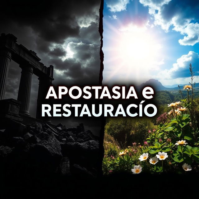 A striking and visually captivating thumbnail featuring the title 'Apostasia e Restauração' prominently placed in the center