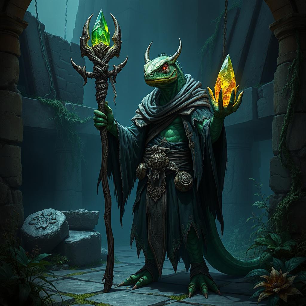 An evil lizardfolk arch druid, exuding malevolence and dark power, stands in the midst of ancient ruins