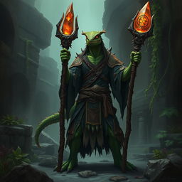 An evil lizardfolk arch druid, exuding malevolence and dark power, stands in the midst of ancient ruins